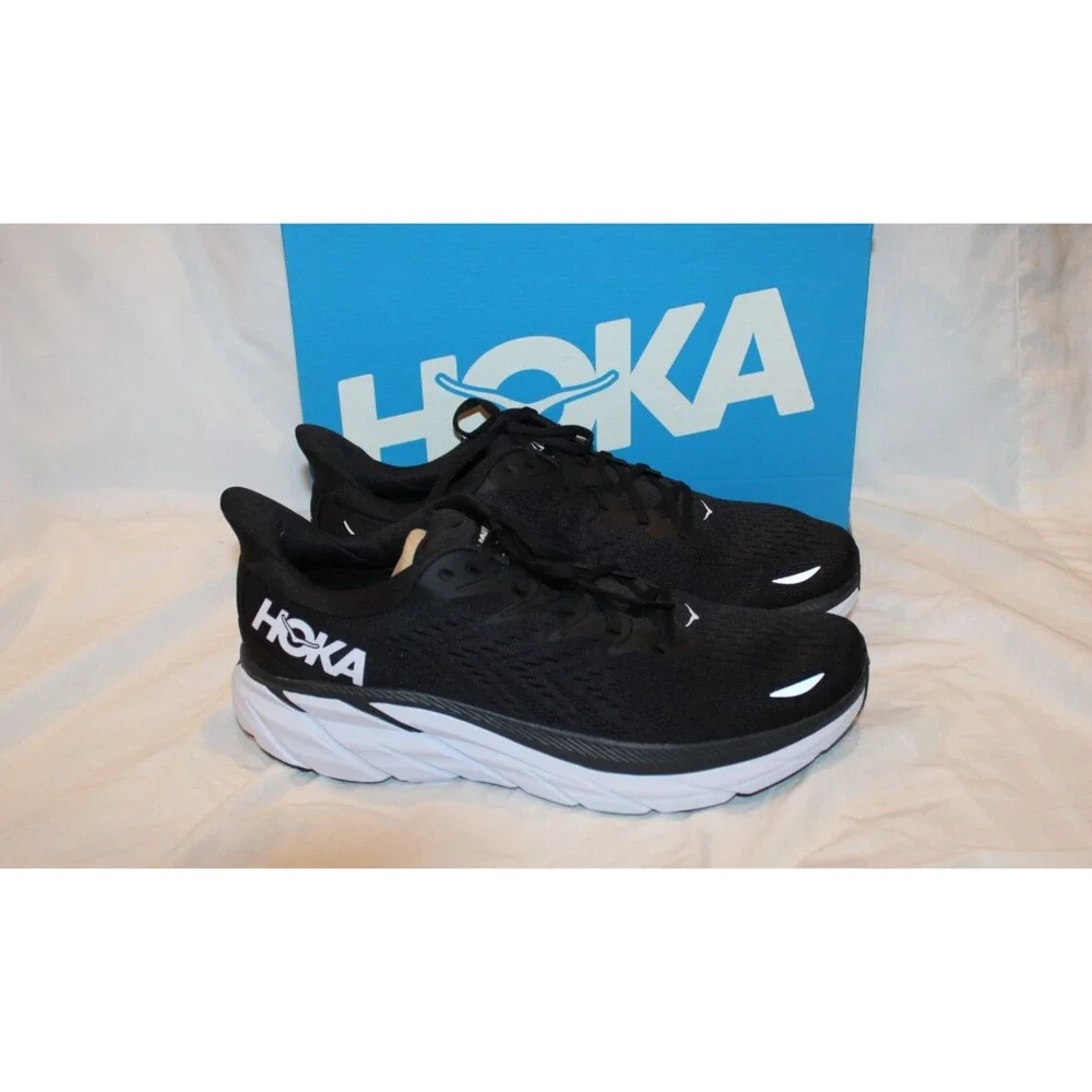 NIB HOKA ONE MEN'S‎ CLIFTON 8 RUNNING ATHLETIC SNEAKERS BWHT BLACK WHITE 12